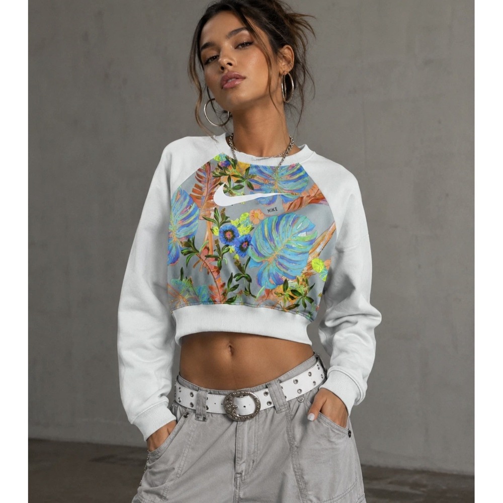 Nike Womens L Hyper Femme Crop Sweatshirt Tropical Botanical Swoosh Pullover EUC